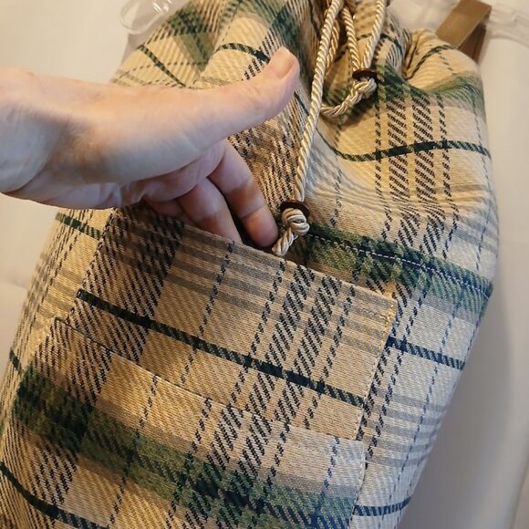 New Plaid Retro Tote Double handle Bucket Backpack Tote Bag Ivory Green School - Picture 6 of 11